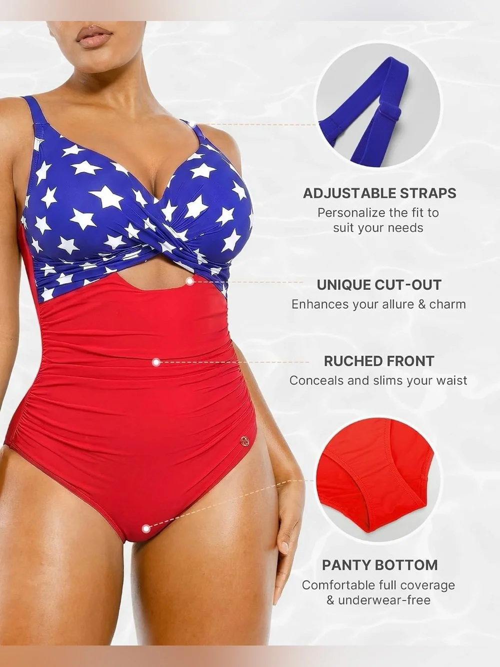SHAPELLX Tummy Control Swimsuit Women V Neck Bathing Ruched Push Up Built-in Bra